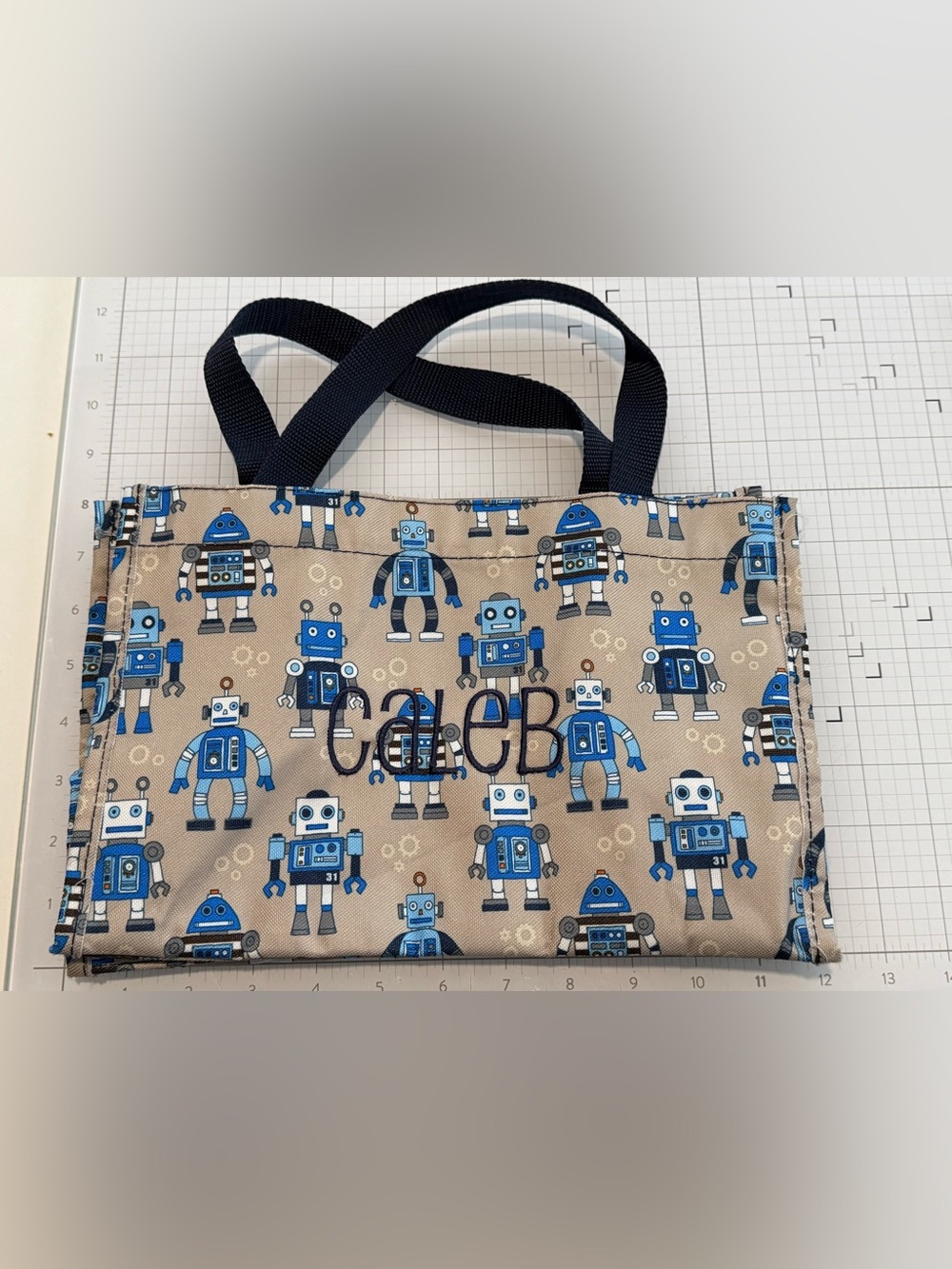 Thirty-one Robot Print Tote Bag Pesonalized in Beige and Blue